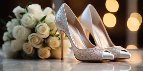 White wedding shoes with an openwork pattern on the background of a wedding bouquet