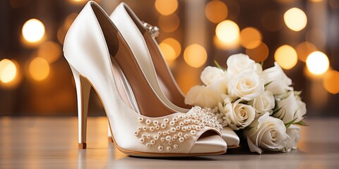 Wedding flowers and white shoes. Holiday. Generative AI