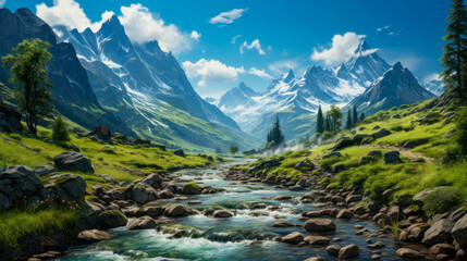 Beautiful mountain landscape with a small river in it. Generative AI