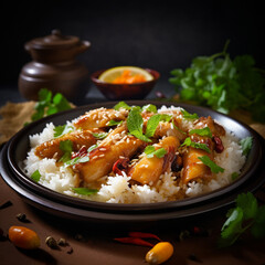 Fototapeta na wymiar une viande, riz et sauce soja concept de la nourriture asiatique - IA Generated