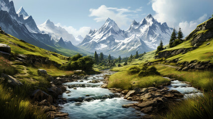 Fototapeta na wymiar Beautiful mountain landscape with a small river in it. Generative AI