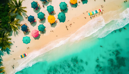 Backgorund of sand beach and umbrellas. Beautiful warm waters