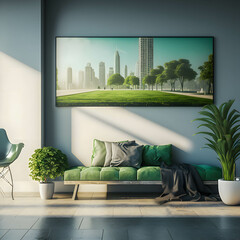 Modern living room with sofa and plants. Interior design replica