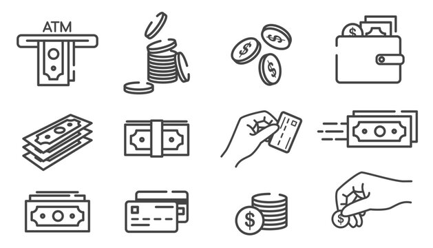Money, finance, banking outline icons collection. Set of Banking, Wallet and Coins icons. Credit card, Currency exchange and Cashback money service.