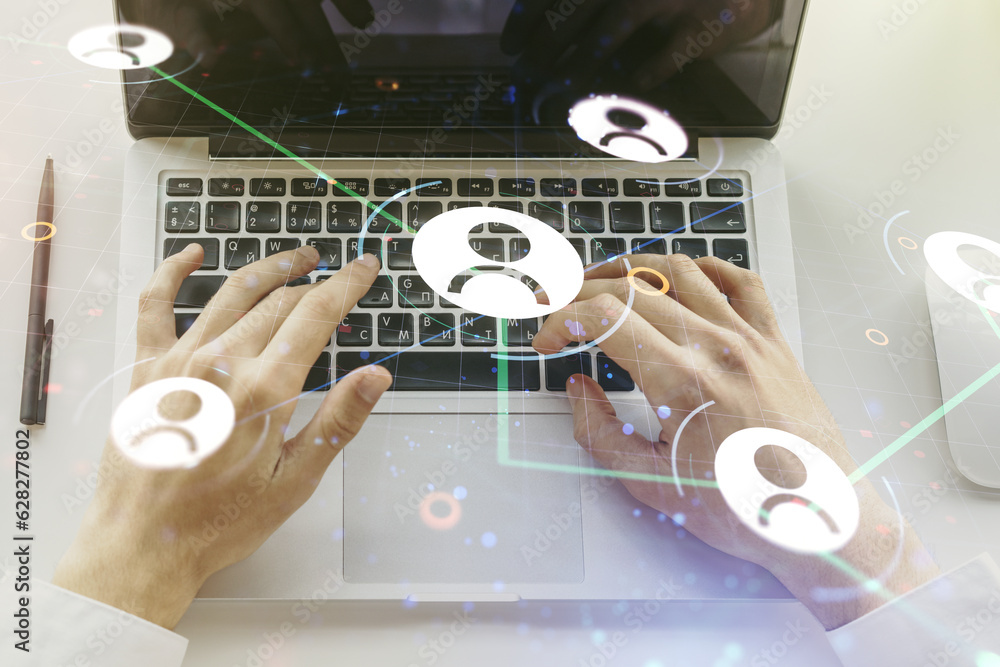 Poster social network media concept with hands typing on computer keyboard on background. double exposure