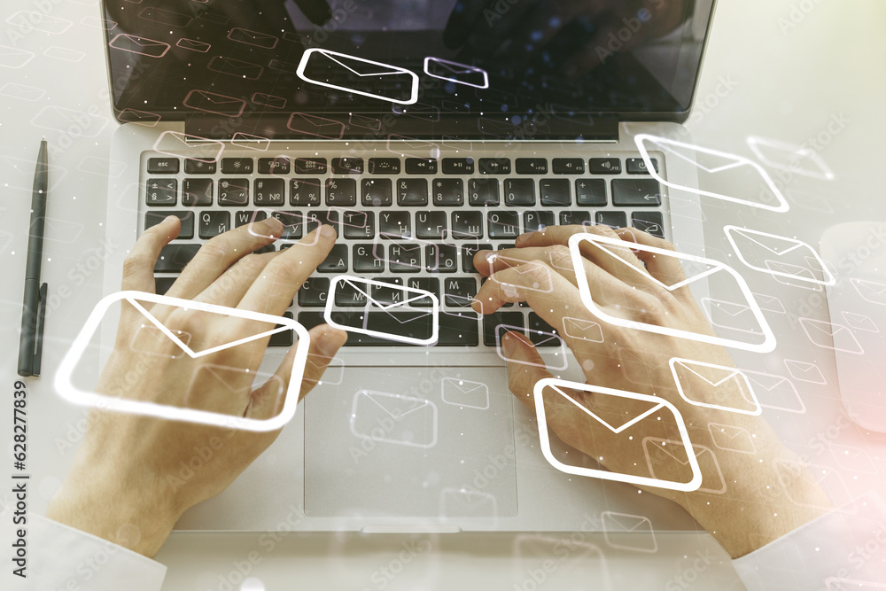 Poster creative abstract postal envelopes sketch with hands typing on computer keyboard on background, e-ma