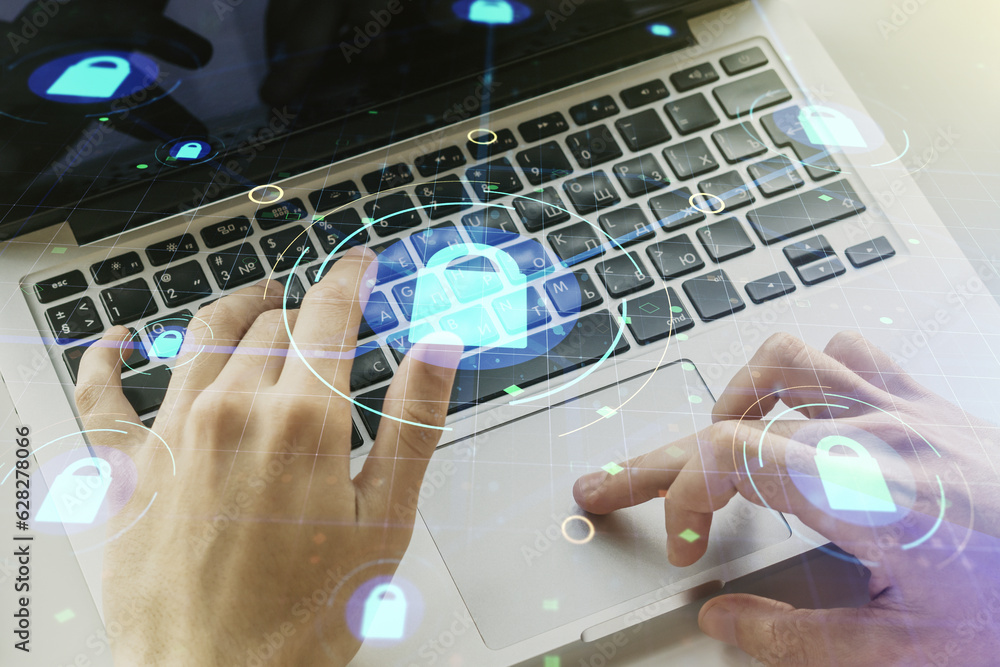 Poster double exposure of creative lock hologram with chip and hands typing on laptop on background. inform