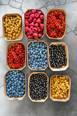 Berries fresh organic on a modern backdrop in farmers market boxes. Raspberry, Blueberry, Current.