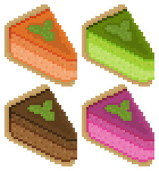 Set of slices cakes colors orange green chocolate and strawberry concept icon illustration template pixel art