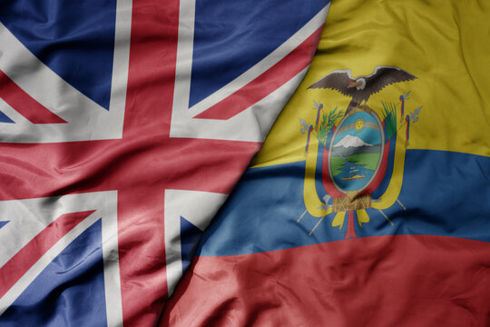 big waving national colorful flag of great britain and national flag of ecuador .
