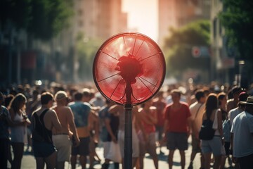 A fan in the middle of the city cools people in the heat.
