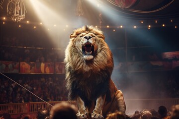 A lion in a circus show - obrazy, fototapety, plakaty