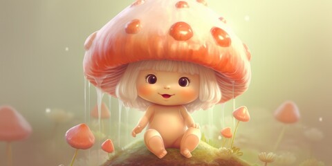 Illustration of funny mushrooms in the forest. Fairy mushrooms in fantasy land, forest landscape. Generative AI