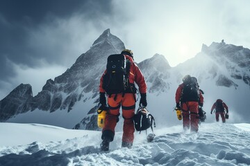 Rescue team searching the snow-covered mountain