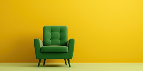Green armchair on a yellow background. Minimalism. Place for text. Generative AI