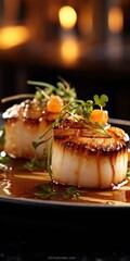 Gourmet sea scallops in a restaurant close-up. Seafood. Generative AI