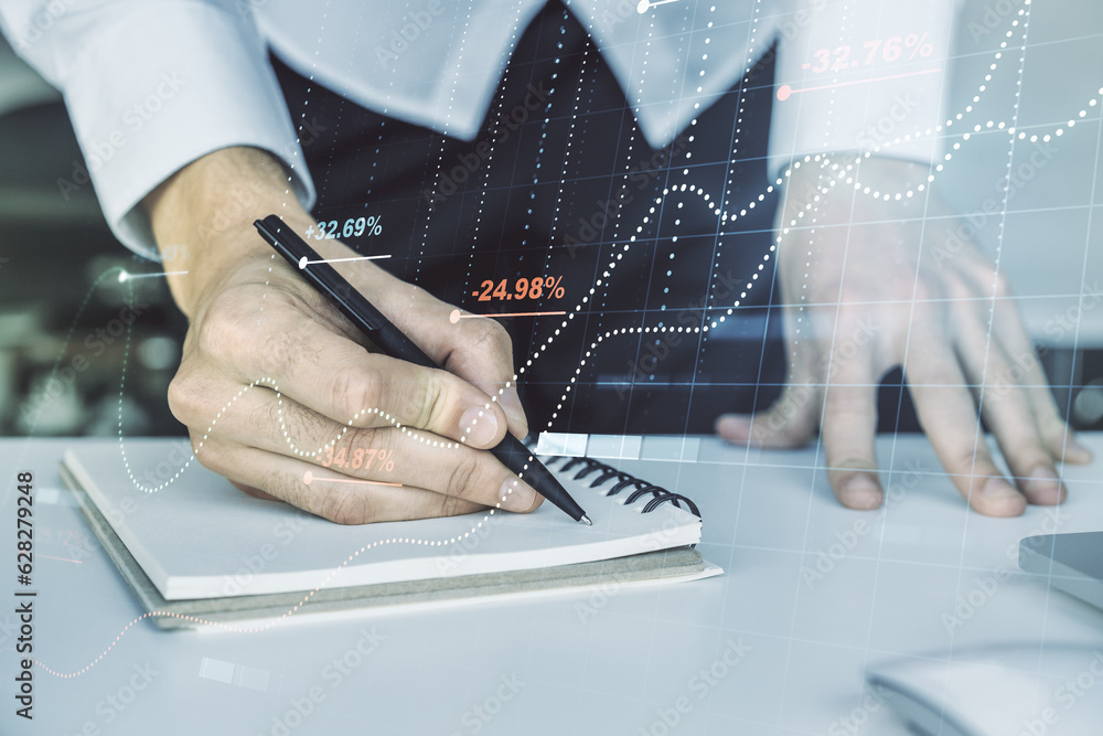 Poster Multi exposure of stats data illustration with hand writing in notebook on background with laptop, computing and analytics concept