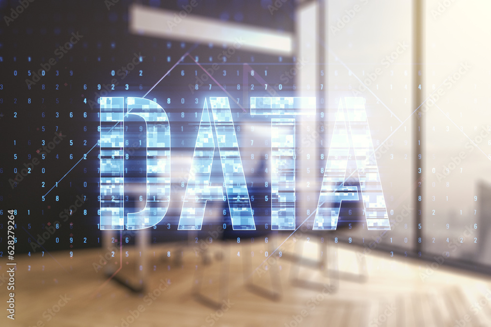 Poster creative data word hologram and modern desk with computer on background, big data and blockchain con