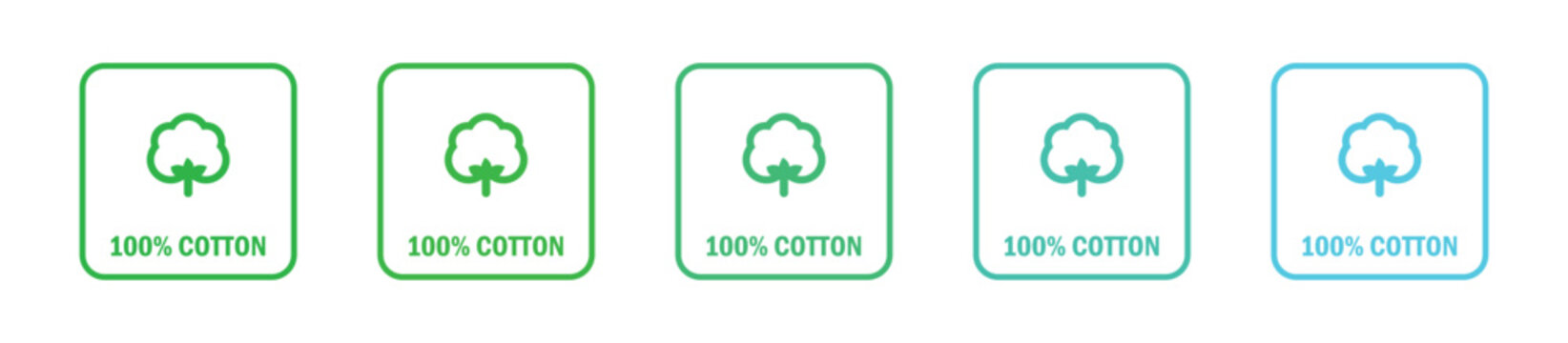 Cotton labels, 100%, pure, design element, green to blue tone, white background