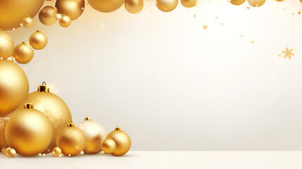 Naklejka na ściany i meble Christmas and New Year minimalist background. Golden Christmas glass balls and stars on Light background with copy space for text. The concept of Christmas and New Year holidays