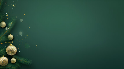Christmas and New Year holiday background. Emerald Glass Balls and gold star hanging Christmas tree branch on green background with copy space for text. The concept of Christmas and New Year holidays