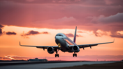 Fototapeta premium Side view Passenger plane landing on the runway of a modern airport in the city against the backdrop of a storm and sunset in pink and purple. Generation AI
