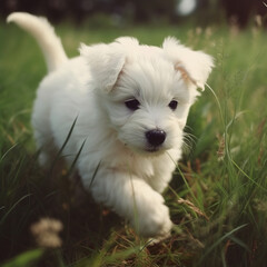 Cute and fluffy white puppy running through the green grass. Shallow focus of a cute white pomeranian spitz dog with its mouth open running on the grass. Realistic 3D illustration. Generative AI