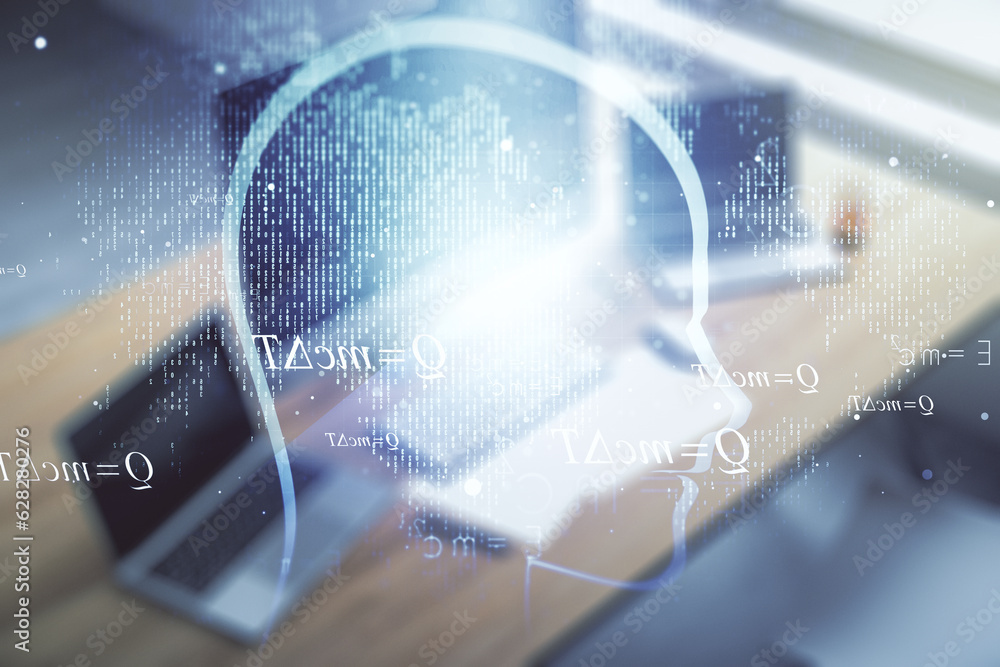 Poster creative artificial intelligence concept with human head hologram and modern desktop with computer o