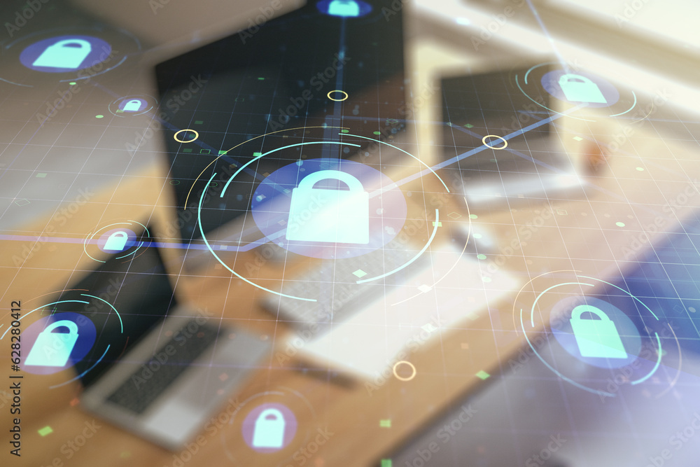 Poster double exposure of creative lock hologram with chip and modern desktop with laptop on background. in