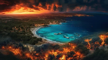 Foto op Aluminium The Burning Shores of Greece: A Dramatic Scene from Rhodes © Alexandre