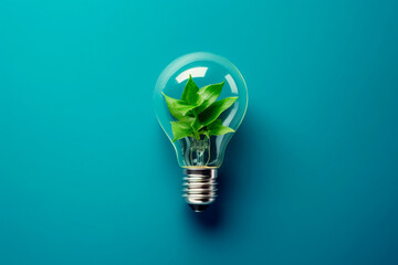 A lightbulb with green leaves on a blue background. Sustainable energy, Save the Planet.