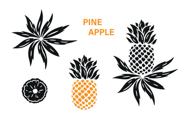 Pineapples Vector Set. Tropical Fruit. Pineapple Black silhouette icons Isolated on white.