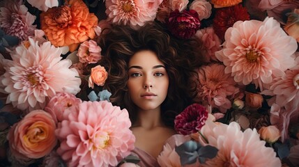 Floral spring concept of fresh spring flowers in vivid colors around a young beautiful attractive girl. Abstract portrait. Generative AI.