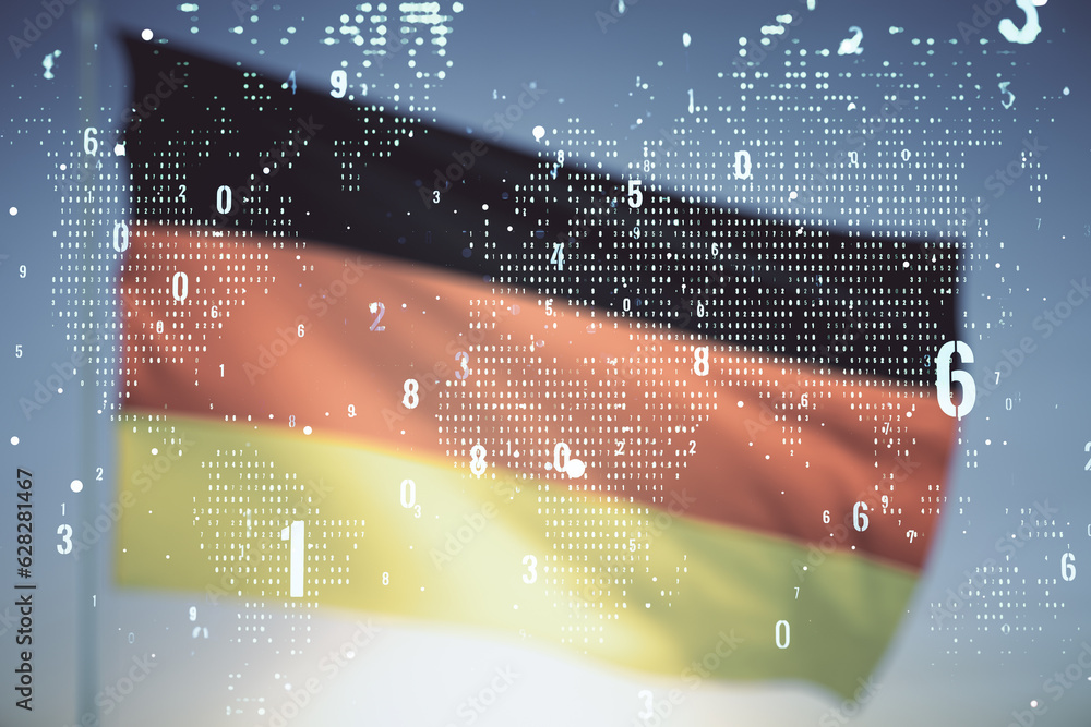 Aufkleber double exposure of abstract programming language hologram and world map on german flag and blue sky 