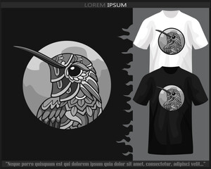 Monochrome Humming bird mandala arts isolated on black and white t shirt.