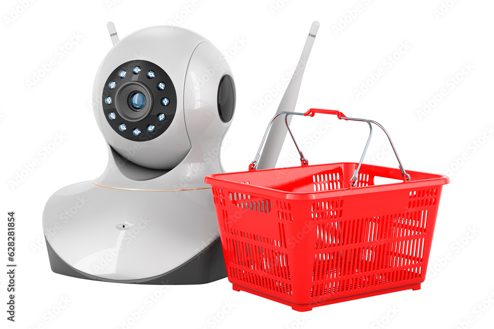 Poster internet protocol camera with shopping basket, 3d rendering