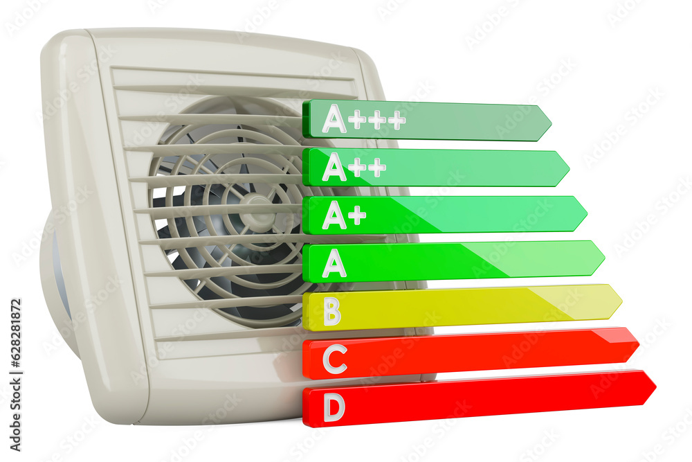 Aufkleber extractor fan with energy efficiency chart. 3d rendering