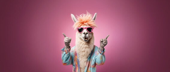 Funny alpaca llama with glasses, smiling, pointing finger to side empty copy space. Generative AI