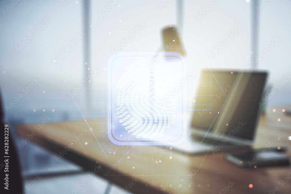 Poster abstract creative fingerprint illustration on modern computer background, personal biometric data co