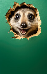 Meerkat or suricate mongoose with shocked surprised expression peeking through hole in cracked wall hole. Vertical banner with copy space below. Generative AI