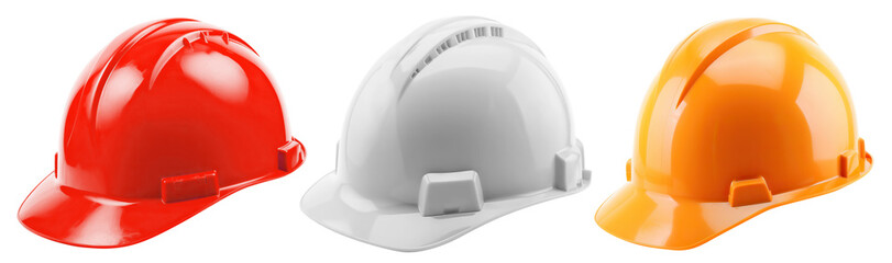 Fototapeta premium Set of safety helmets or worker's hardhats, cut out