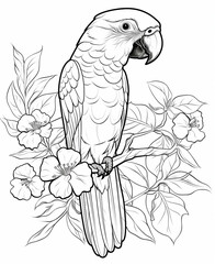 coloring page for kids, adorable parrot on a branch