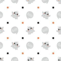 Halloween Vector Seamless Pattern. Cute Kawaii halloween Ghosts with Speech Bubble and Stars. Fun Wallpaper for Kids