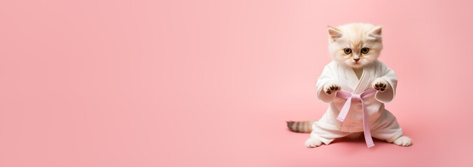 Funny cat in white kimono exercising yoga or Asian martial arts. Legs wide stance, paws in air. Banner with copy space on side. Generative AI