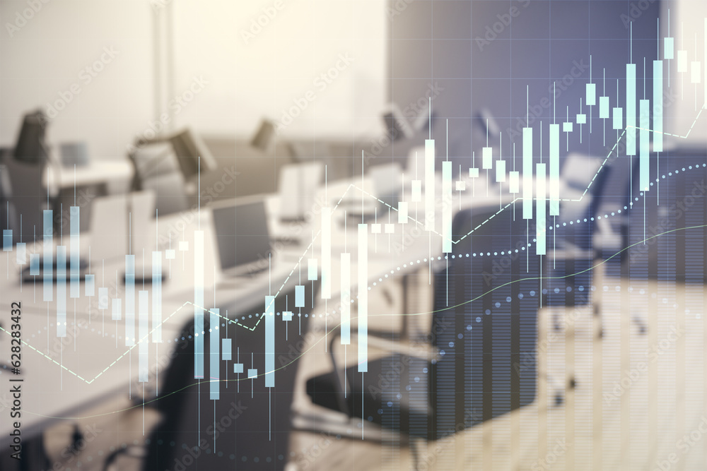 Poster multi exposure of virtual abstract financial graph interface on a modern furnished classroom backgro