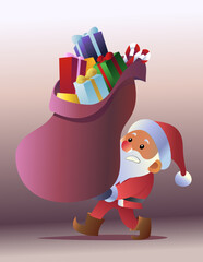 Christmas theme illustration of cartoon Santa Claus carrying lots of gitfs