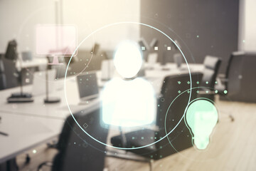 Double exposure of social network icons hologram on a modern furnished office interior background. Networking concept
