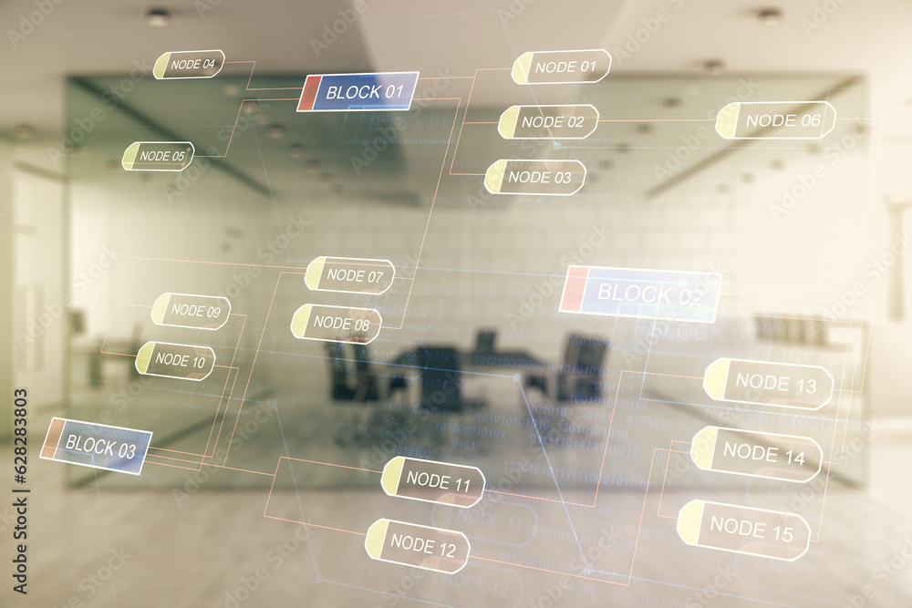 Poster Double exposure of abstract creative programming illustration on a modern furnished office interior background, big data and blockchain concept