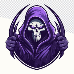 Embrace the Darkness: Dynamic Purple Reaper Mascot Emblem & T-shirt Printing Designs for Competitive Spirits