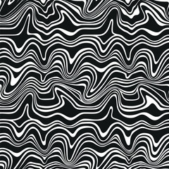 Fototapeta na wymiar Seamless geometric pattern. Distorted wavy horizontal black and white lines. Ripple striped surface. Fluid water paint effect. Abstract background. Vector freeform waves illustration.